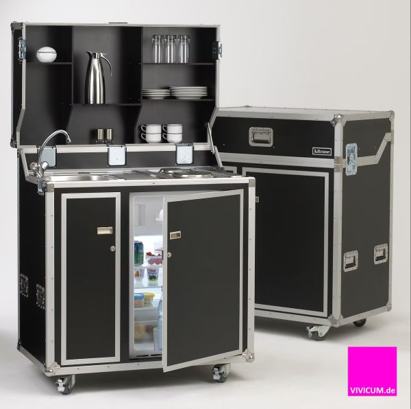 Preview: Kitcase, die mobile Messeküche in schwarz, offen und geschlossen