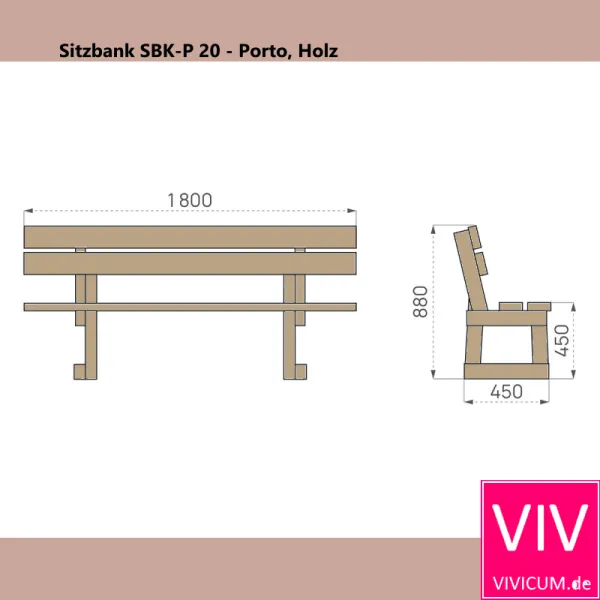 Maße der Sitzbank SBK-P 20 - Porto, Holz