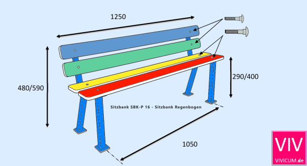 Maße der Sitzbank SBK-P 16 – Sitzbank Regenbogen