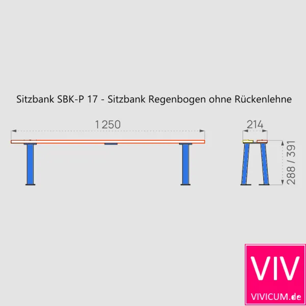 Maße der Sitzbank SBK-P 17 - Sitzbank Regenbogen ohne Rückenlehne